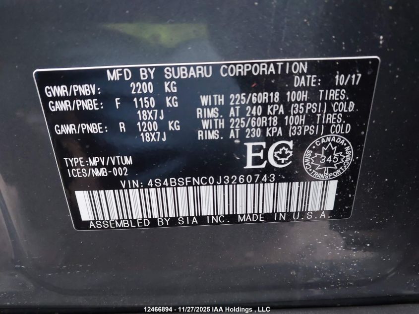 2018 Subaru Outback 3.6R Limited VIN: 4S4BSFNC0J3260743 Lot: 12466894