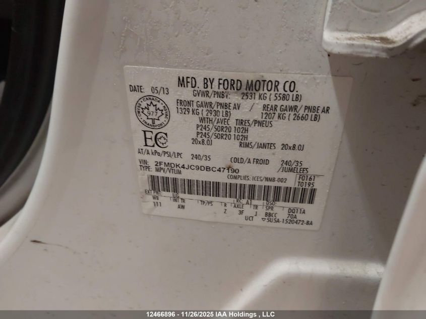 2013 Ford Edge Sel VIN: 2FMDK4JC9DBC47190 Lot: 12466896