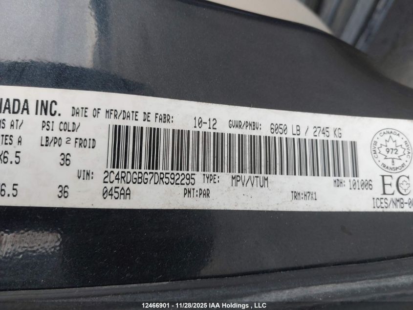 2013 Dodge Grand Caravan Se/Sxt VIN: 2C4RDGBG7DR592295 Lot: 12466901