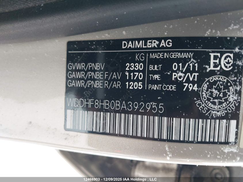 2011 Mercedes-Benz E 350 4Matic VIN: WDDHF8HB0BA392955 Lot: 12466903