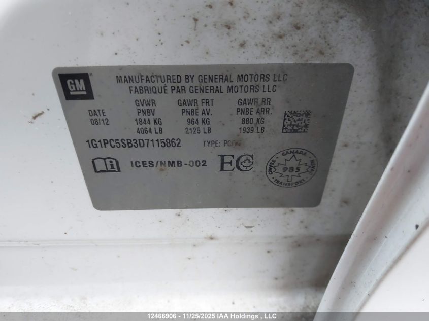 2013 Chevrolet Cruze Lt Turbo VIN: 1G1PC5SB3D7115862 Lot: 12466906