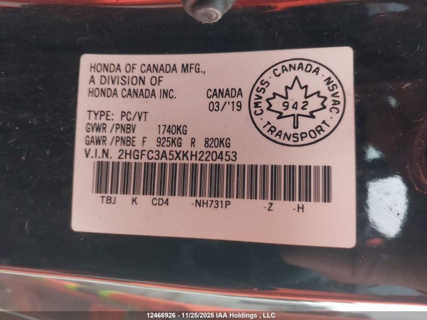 2019 Honda Civic Si Si VIN: 2HGFC3A5XKH220453 Lot: 12466926