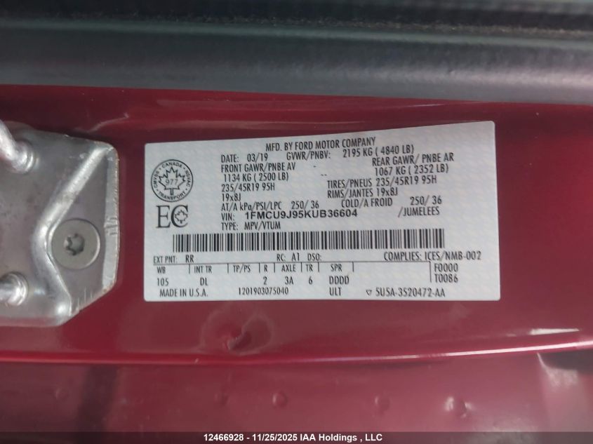 2019 Ford Escape Titanium VIN: 1FMCU9J95KUB36604 Lot: 12466928