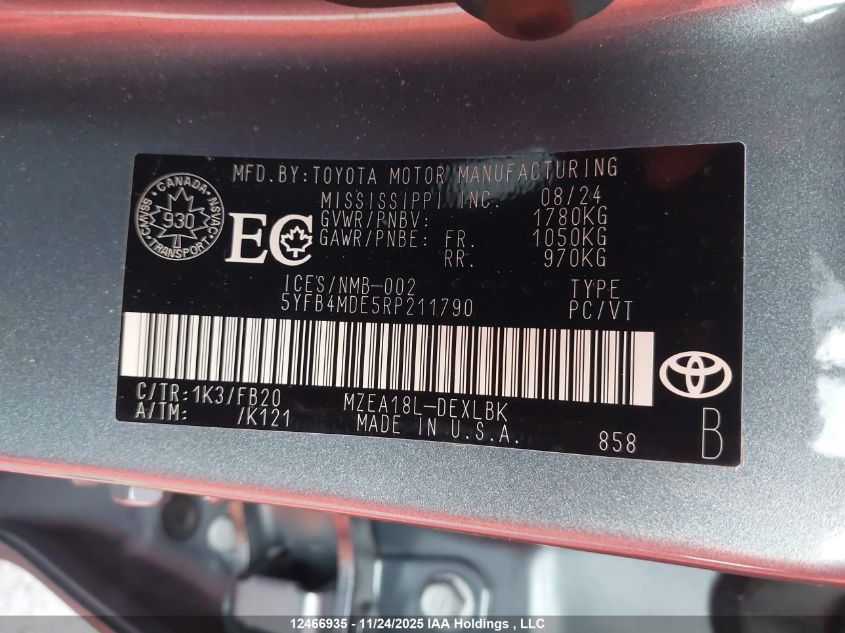 2024 Toyota Corolla Le VIN: 5YFB4MDE5RP211790 Lot: 12466935