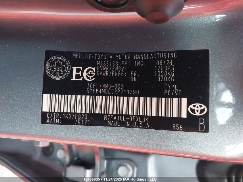 2024 Toyota Corolla Le VIN: 5YFB4MDE5RP211790 Lot: 12466935