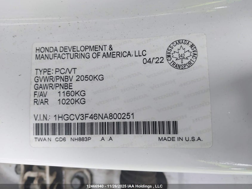 1HGCV3F46NA800251 2022 HONDA ACCORD photo no. 9