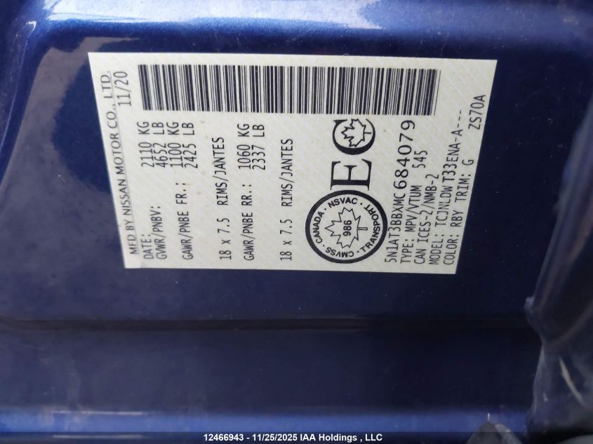 2021 Nissan Rogue Sv VIN: 5N1AT3BBXMC684079 Lot: 12466943