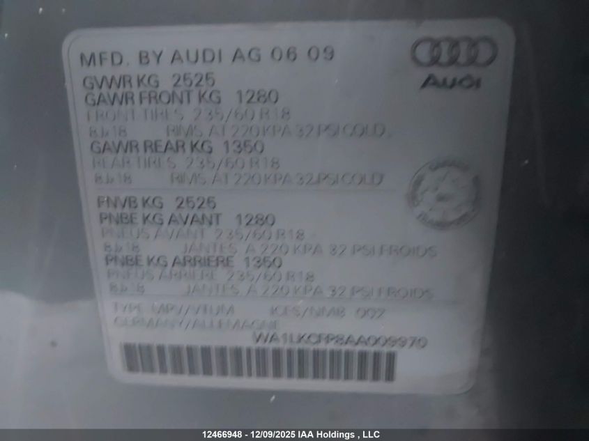 2010 Audi Q5 Premium Plus VIN: WA1LKCFP8AA009970 Lot: 12466948