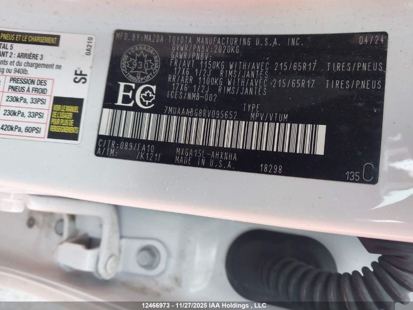 2024 Toyota Corolla Cross L VIN: 7MUAAABG8RV095652 Lot: 12466973