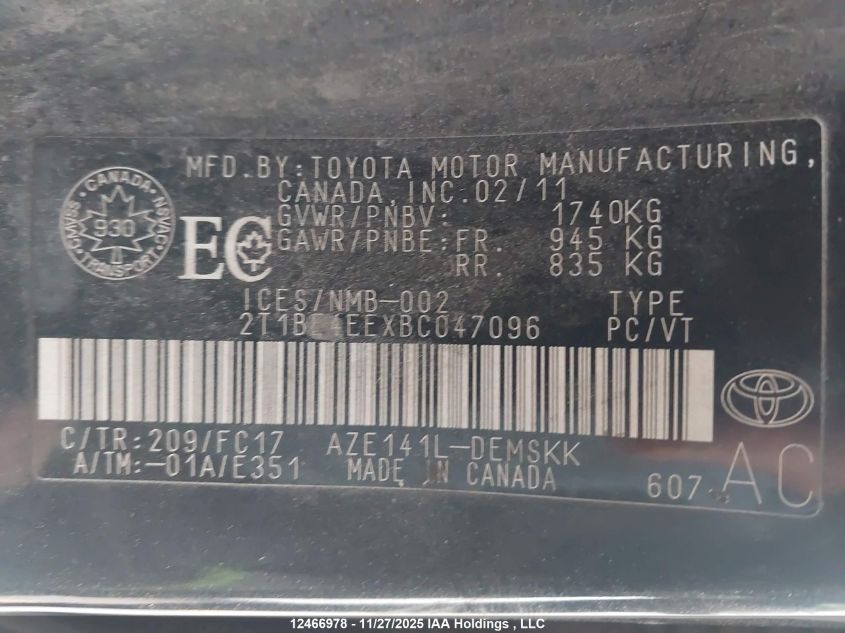 2011 Toyota Corolla VIN: 2T1BE4EEXBC047096 Lot: 12466978