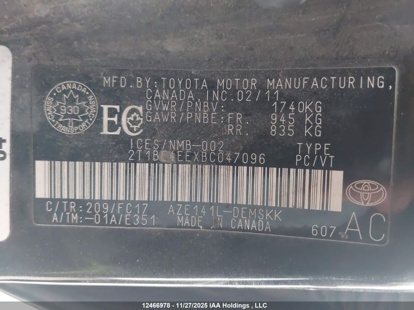 2011 Toyota Corolla VIN: 2T1BE4EEXBC047096 Lot: 12466978