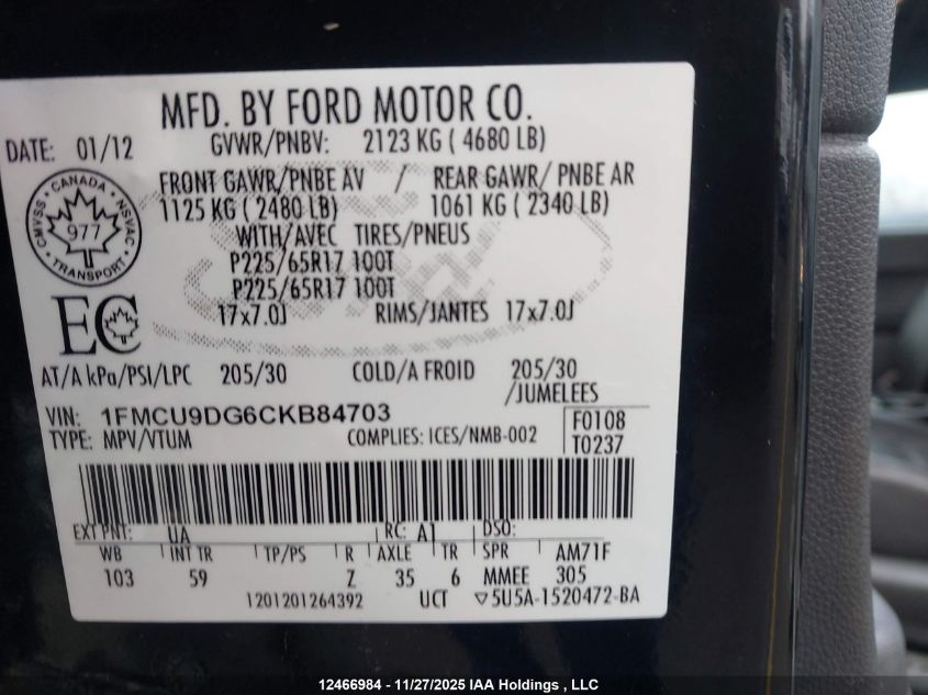 2012 Ford Escape VIN: 1FMCU9DG6CKB84703 Lot: 12466984