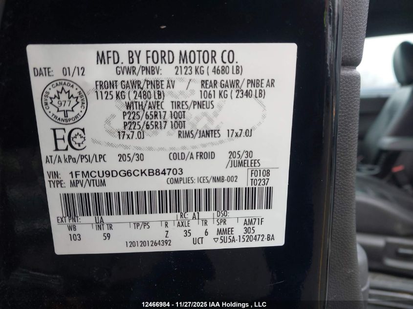 2012 Ford Escape VIN: 1FMCU9DG6CKB84703 Lot: 12466984