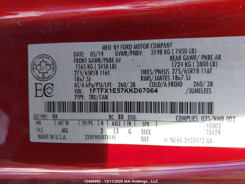 2019 Ford F150 Super Cab VIN: 1FTFX1E57KKD67064 Lot: 12466992