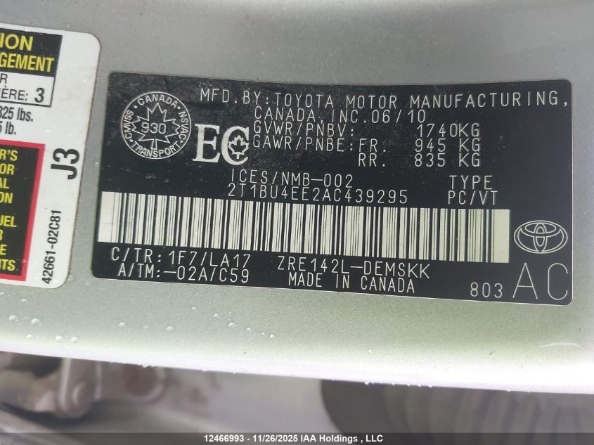 2010 Toyota Corolla S VIN: 2T1BU4EE2AC439295 Lot: 12466993