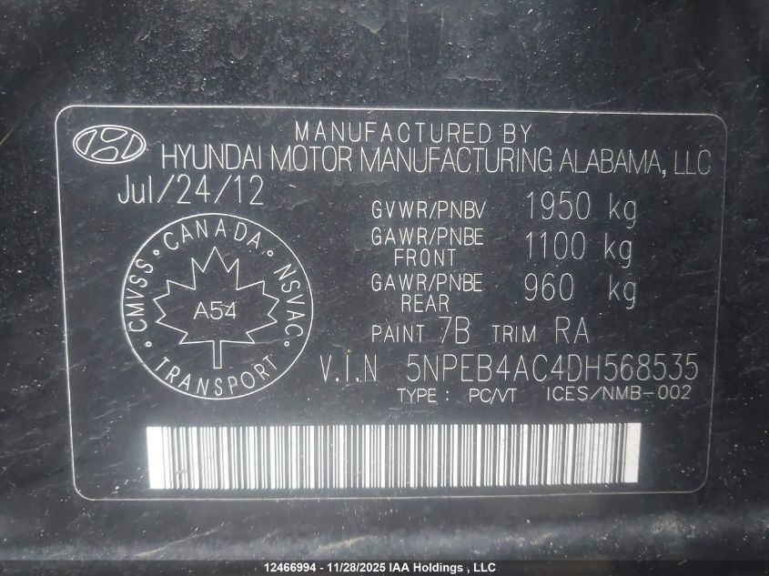 2013 Hyundai Sonata Gls VIN: 5NPEB4AC4DH568535 Lot: 12466994