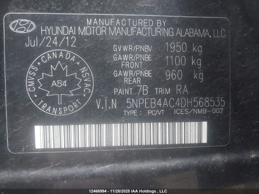 2013 Hyundai Sonata Gls VIN: 5NPEB4AC4DH568535 Lot: 12466994