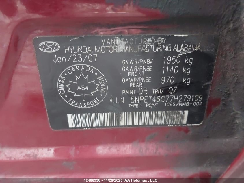 2007 Hyundai Sonata Gls VIN: 5NPET46C77H279109 Lot: 12466998