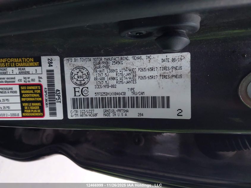 2019 Toyota Tacoma Sr5 V6 VIN: 5TFDZ5BN1KX046430 Lot: 12466999