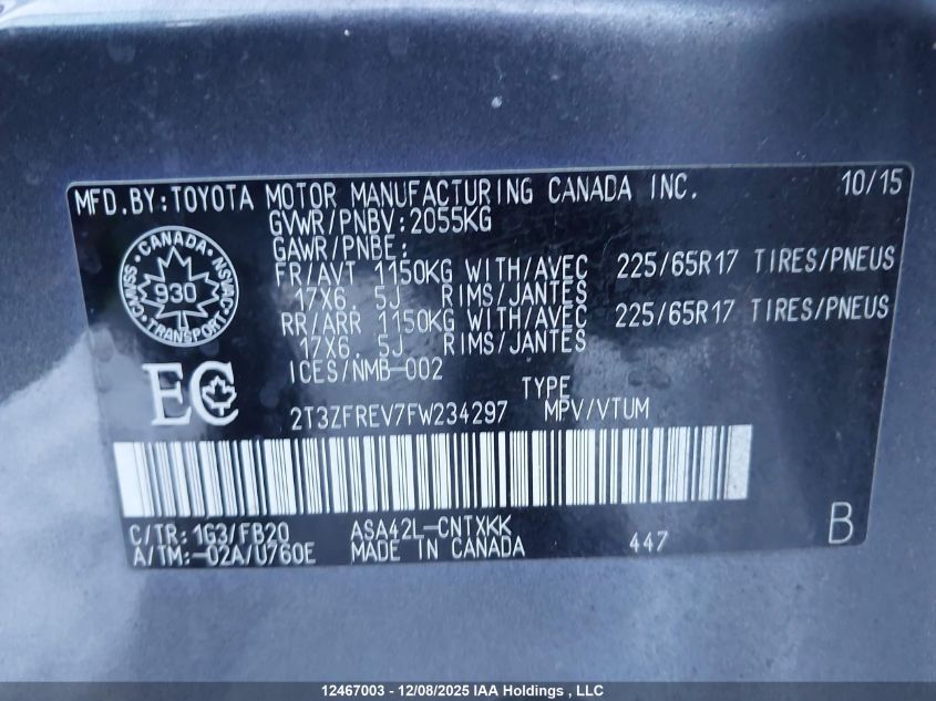 2015 Toyota Rav4 Le VIN: 2T3ZFREV7FW234297 Lot: 12467003