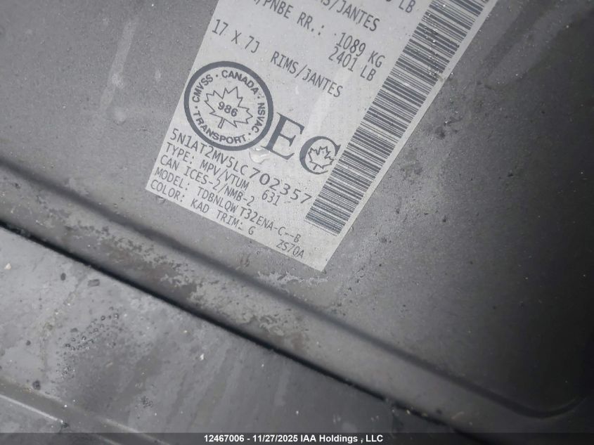 2020 Nissan Rogue S/Sl/Sv VIN: 5N1AT2MV5LC702357 Lot: 12467006