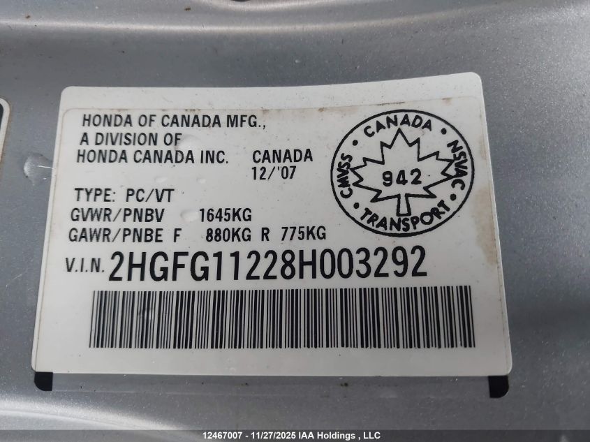 2008 Honda Civic VIN: 2HGFG11228H003292 Lot: 12467007