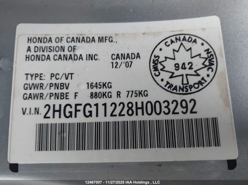 2008 Honda Civic VIN: 2HGFG11228H003292 Lot: 12467007