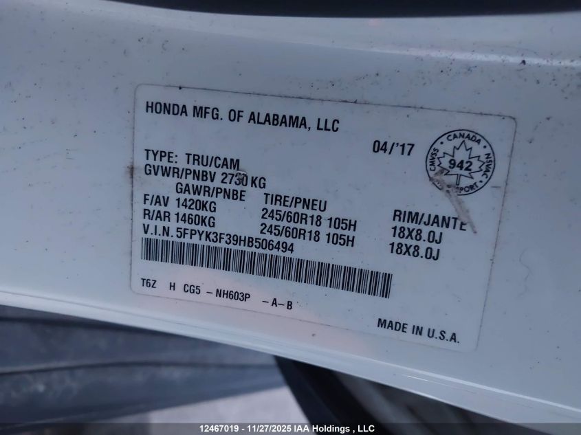 2017 Honda Ridgeline Lx VIN: 5FPYK3F39HB506494 Lot: 12467019