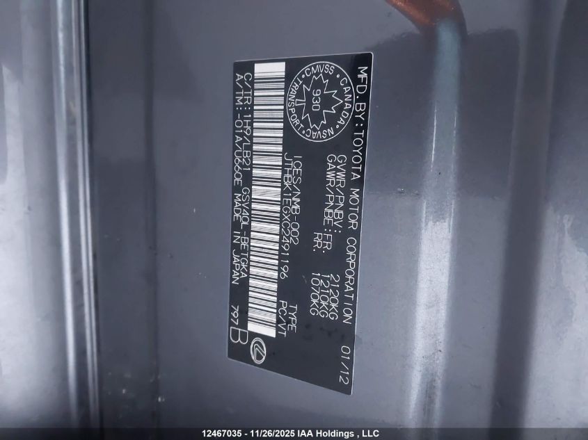 2012 Lexus Es 350 350 VIN: JTHBK1EGXC2491196 Lot: 12467035