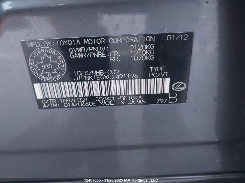 2012 Lexus Es 350 350 VIN: JTHBK1EGXC2491196 Lot: 12467035