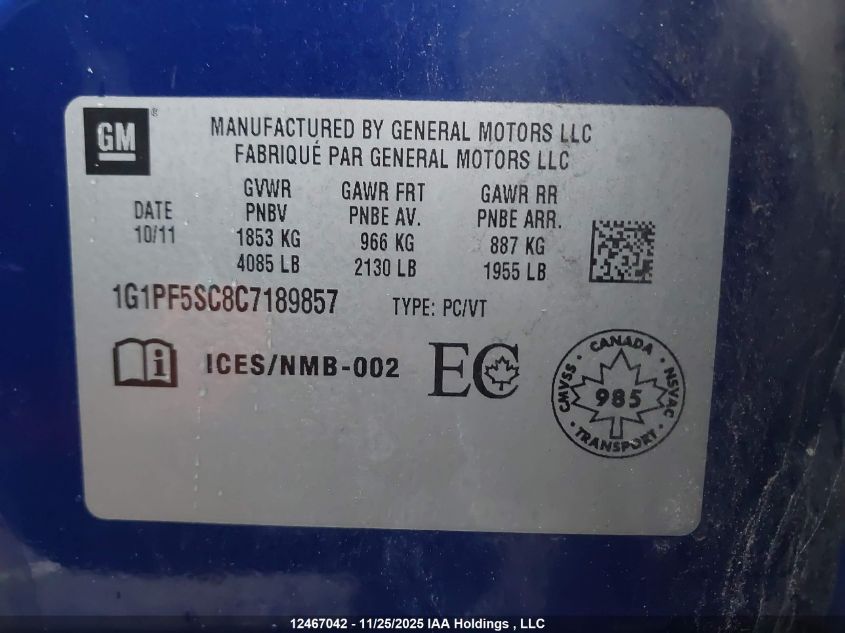 2012 Chevrolet Cruze VIN: 1G1PF5SC8C7189857 Lot: 12467042