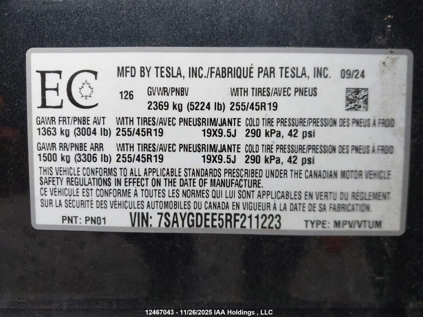7SAYGDEE5RF211223 2024 TESLA MODEL Y photo no. 9