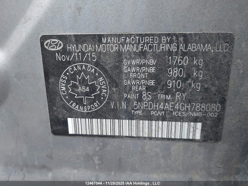 2016 Hyundai Elantra Gl VIN: 5NPDH4AE4GH788080 Lot: 12467044
