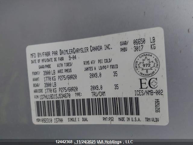 2005 Dodge Ram 1500 Slt/Laramie VIN: 1D7HU18D15J534670 Lot: 12442368X
