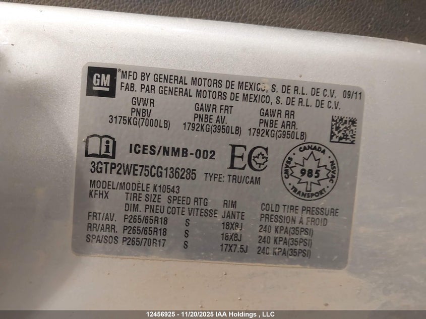 2012 GMC Sierra 1500 Slt VIN: 3GTP2WE75CG136285 Lot: 12456925X