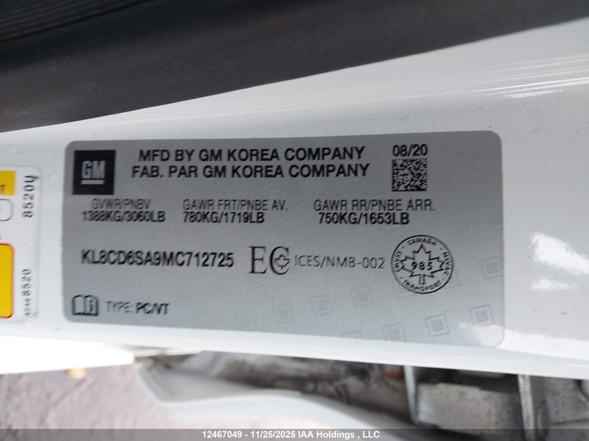 2021 Chevrolet Spark VIN: KL8CD6SA9MC712725 Lot: 12467049