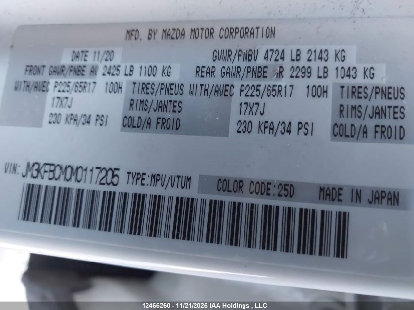 2021 Mazda Cx -5 Awd VIN: JM3KFBCM0M0117205 Lot: 12465260X