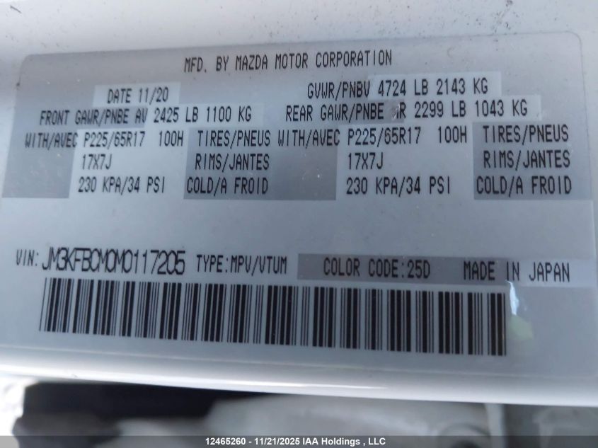 2021 Mazda Cx -5 Awd VIN: JM3KFBCM0M0117205 Lot: 12465260X