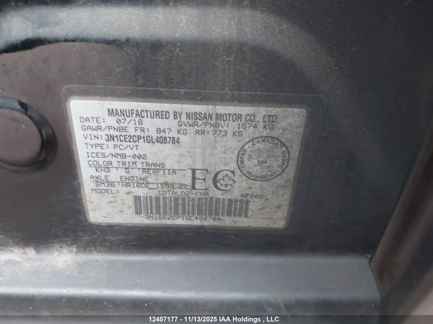 2016 Nissan Versa Note 1.6 S/1.6 Sl/1.6 Sr/1.6 Sv VIN: 3N1CE2CP1GL408784 Lot: 12457177X
