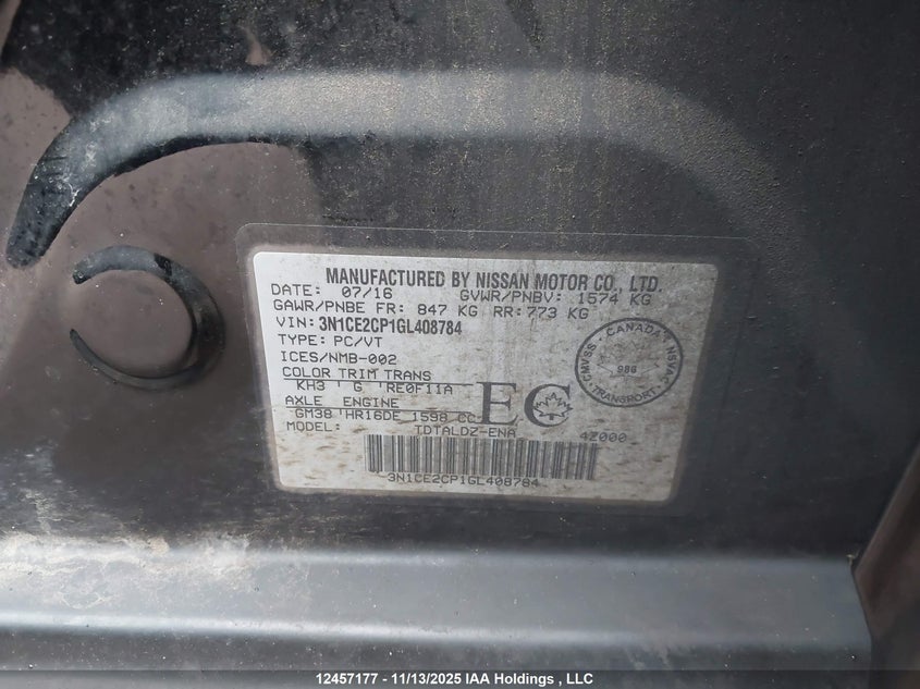 2016 Nissan Versa Note 1.6 S/1.6 Sl/1.6 Sr/1.6 Sv VIN: 3N1CE2CP1GL408784 Lot: 12457177X