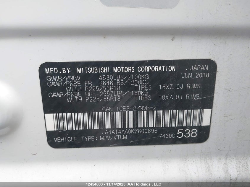 2019 Mitsubishi Eclipse Cross Gt/Se VIN: JA4AT4AA0KZ600696 Lot: 12454883X