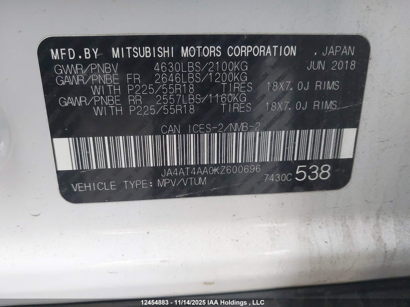 2019 Mitsubishi Eclipse Cross Gt/Se VIN: JA4AT4AA0KZ600696 Lot: 12454883X