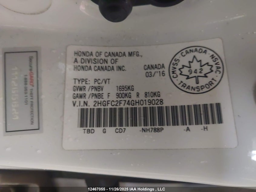 2016 Honda Civic Ex 4Dr VIN: 2HGFC2F74GH019028 Lot: 12467055