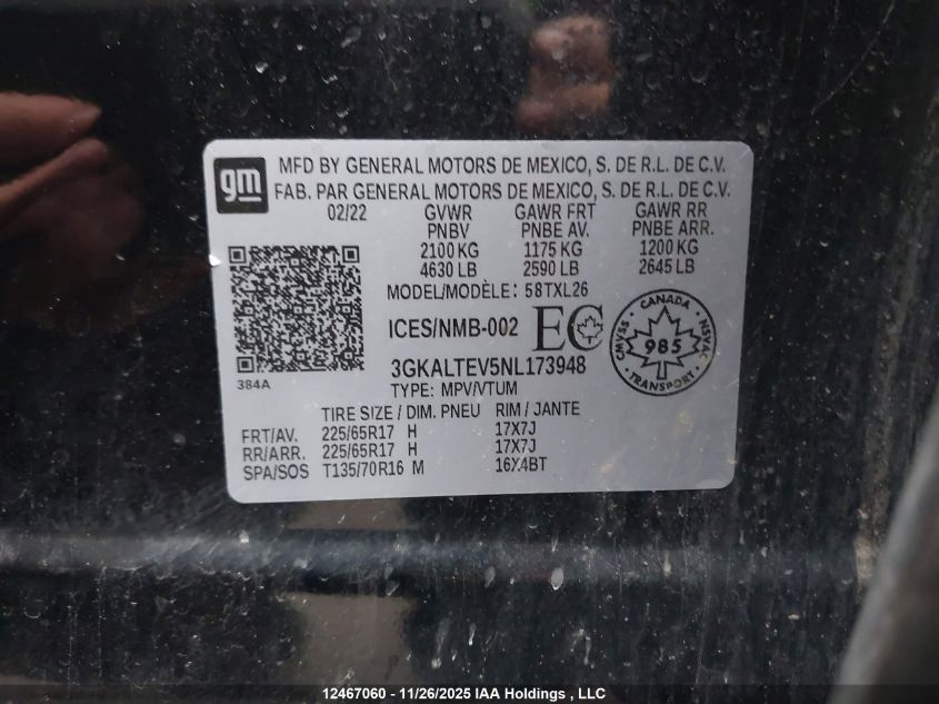 2022 GMC Terrain Sle VIN: 3GKALTEV5NL173948 Lot: 12467060