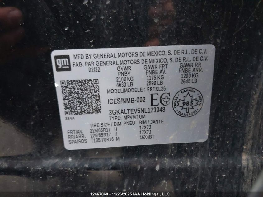 2022 GMC Terrain Sle VIN: 3GKALTEV5NL173948 Lot: 12467060