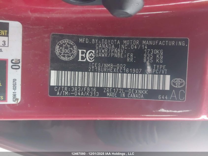 2014 Toyota Corolla Le VIN: 2T1BURHEXEC161907 Lot: 12467080