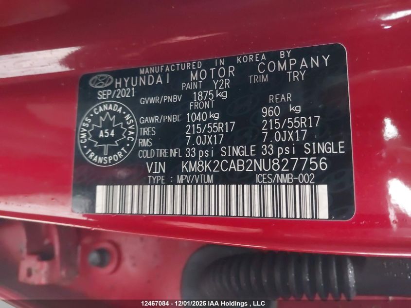 2022 Hyundai Kona Sel/Se VIN: KM8K2CAB2NU827756 Lot: 12467084