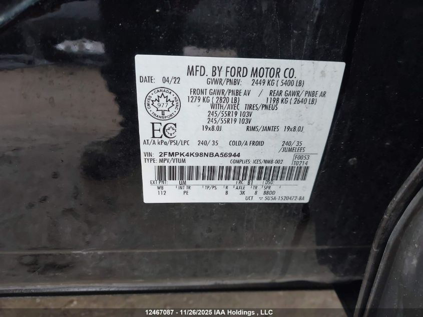 2022 Ford Edge Titanium VIN: 2FMPK4K98NBA56944 Lot: 12467087