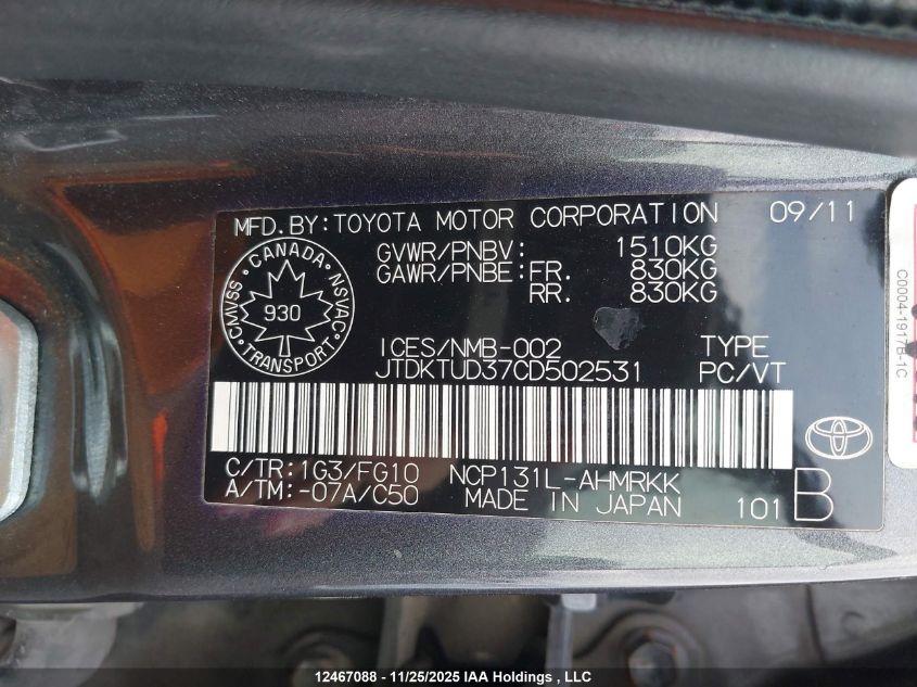 2012 Toyota Yaris VIN: JTDKTUD37CD502531 Lot: 12467088