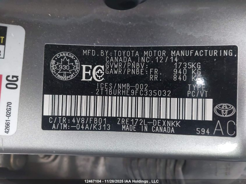 2015 Toyota Corolla L/Le/Le Pls/Prm/S/S Pls VIN: 2T1BURHE9FC335032 Lot: 12467104